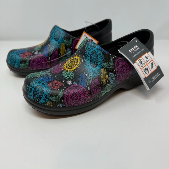 Crocs Clogs Women's 9 Black Multi-color Neria Pro II Graphic Clogs Nurse NWT - Picture 10 of 12